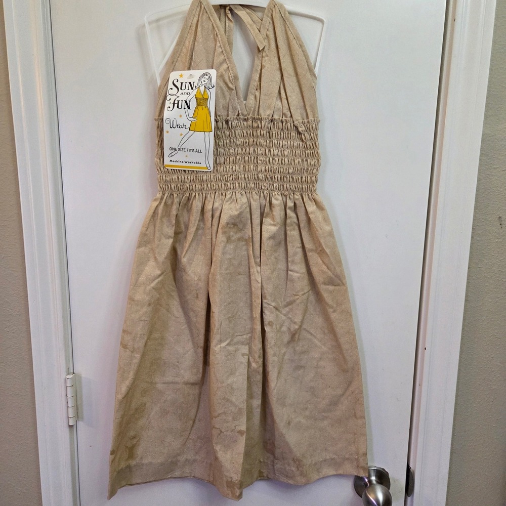 Vintage Sun and Fun Wear Kids Halter Dress Tan Smocked Bodice One Size NWT